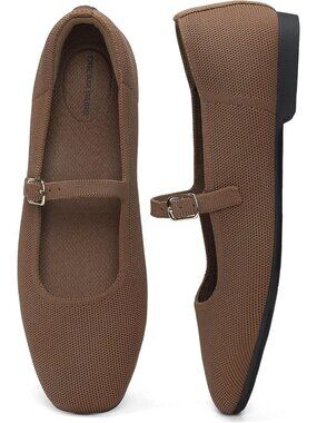 Women's Brown Stretchy Breathable Knit Upper Anti-Slip Square Toe Flat Shoes